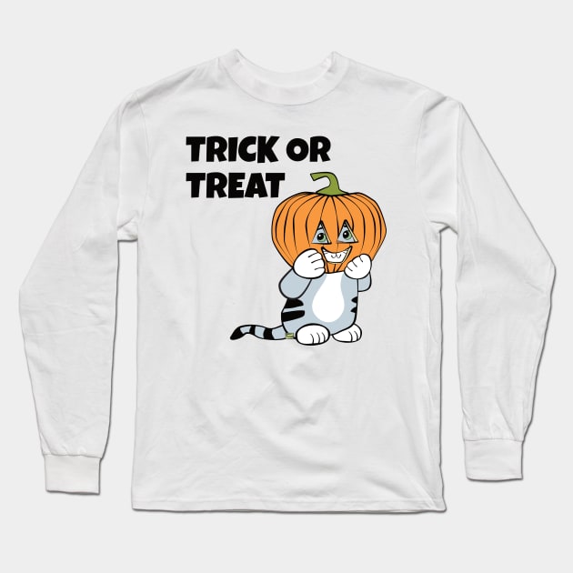 Halloween Cat with Pumpkin on Head Long Sleeve T-Shirt by Sue Cervenka